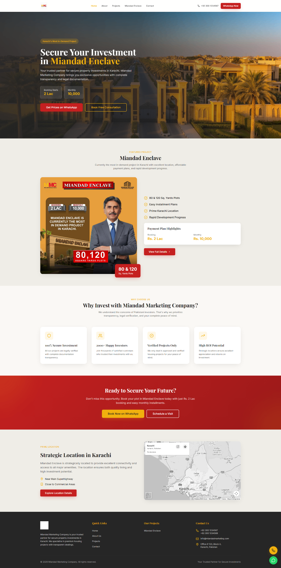 Real estate investment landing page with lead capture and payment plans.