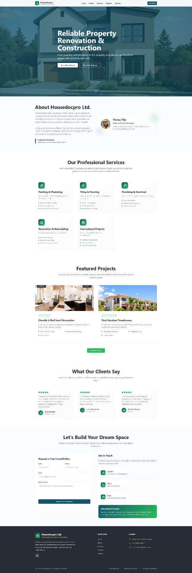 Property renovation company website with service pages and project portfolio.