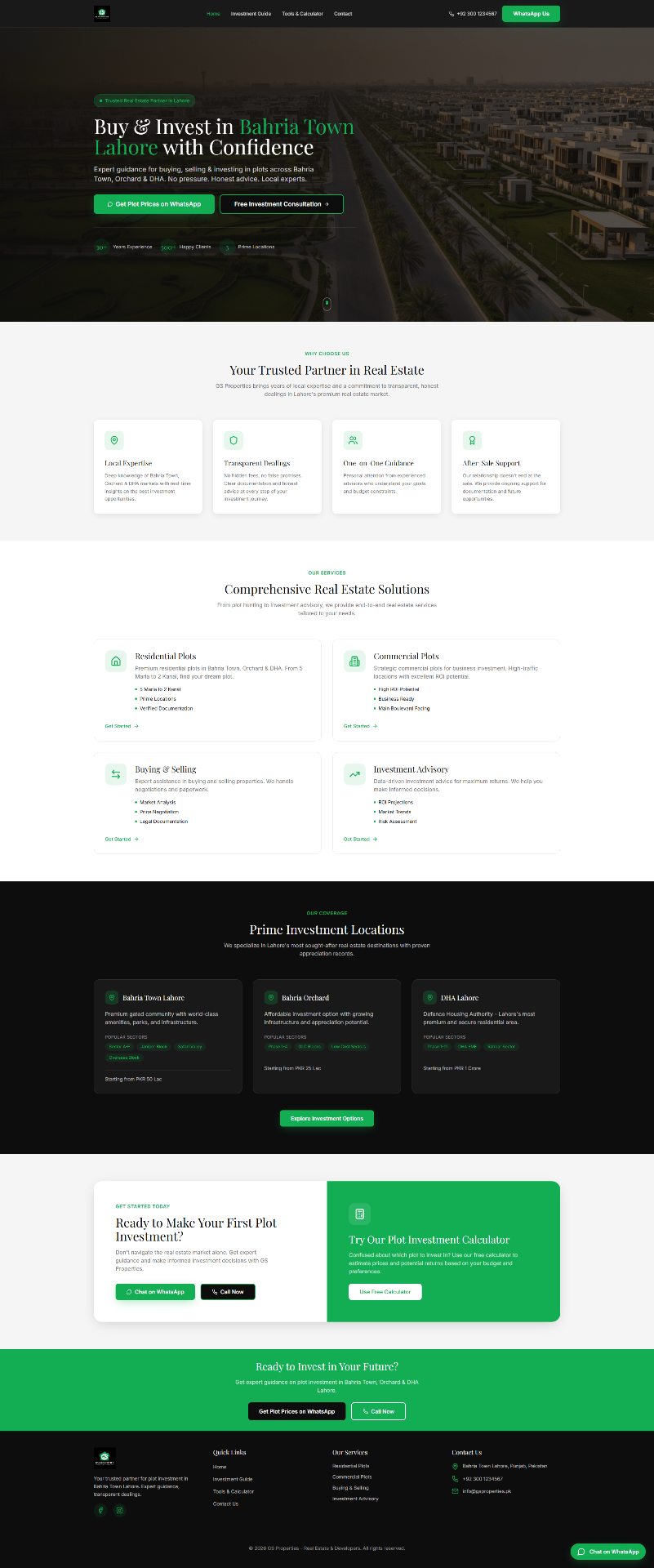 Property investment platform with services, coverage areas, and calculator.