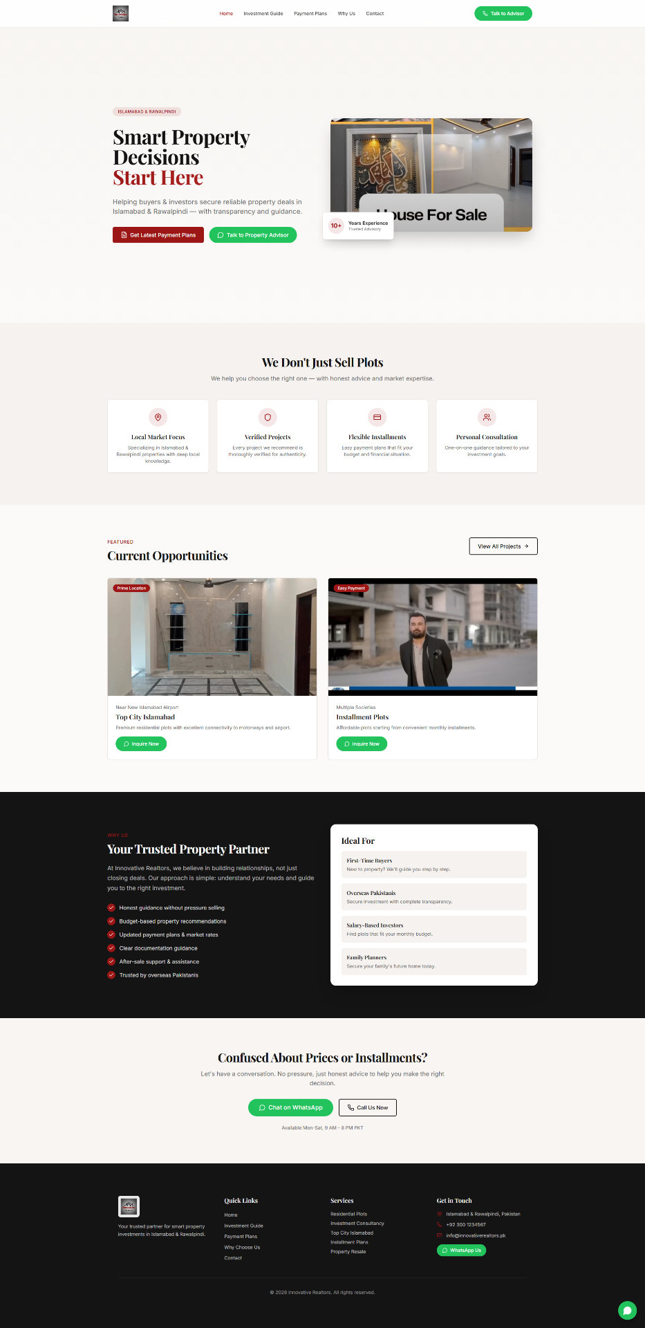 Real estate advisory website with featured projects and trust-building sections.