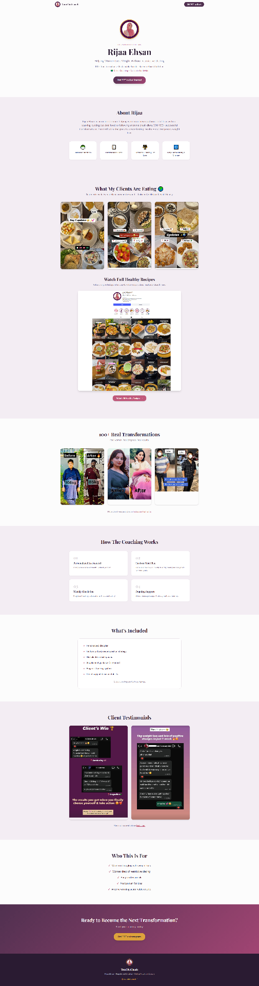 Nutrition coaching landing page with testimonials and transformation gallery.
