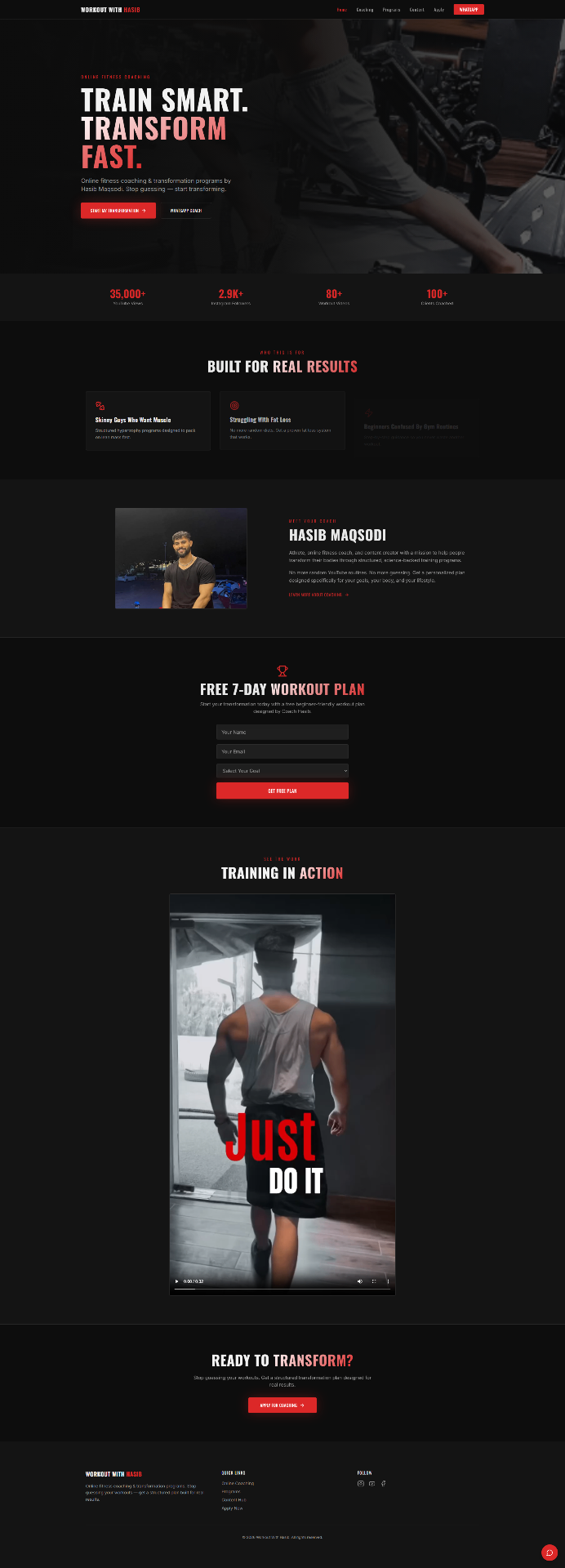 Online fitness coaching website with workout plans and video content.