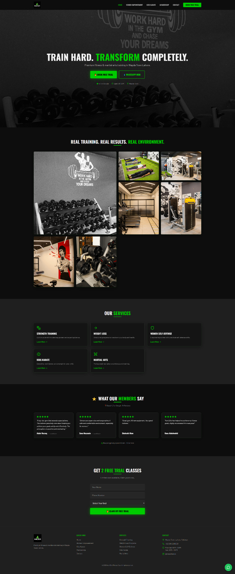 Gym & martial arts website with membership plans and free trial funnel.