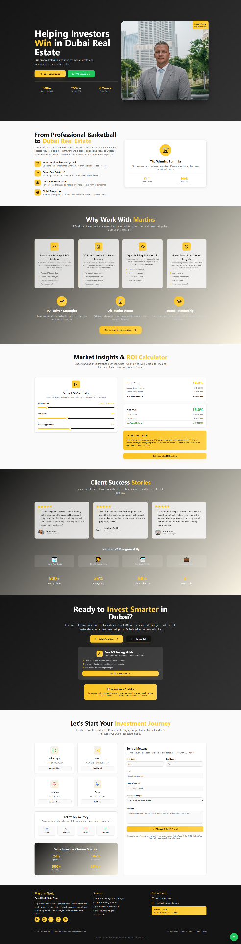 Real estate investment platform with ROI calculator and client success stories.